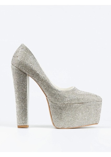 Gold Full Taşlı Klasik Sivri Kalın Topuklu Sivri Platformlu Kadın Abiye Ayakkabı Kadın Topuklu Şık modelleri
