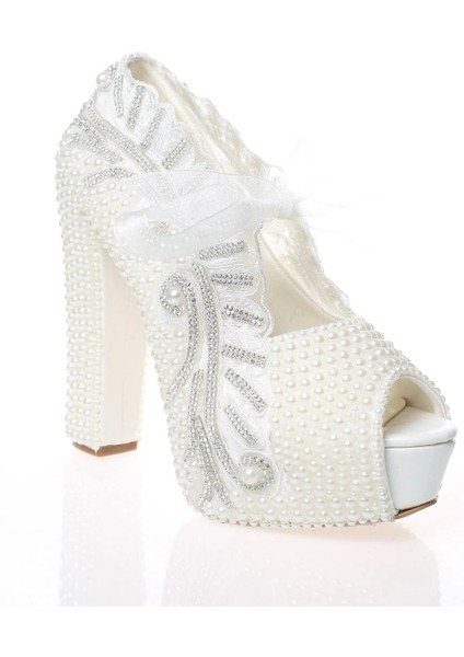 Kadın Beyaz Sedef İnci Taş İşlemeli Gelin Ayakkabı Kadın Topuklu Abiye Ayakkabı Şık Gece Ayakkabısı
