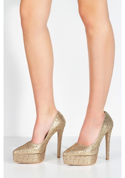 Kadın Moda Gold Sultan Taşlı Klasik Sivri Ince Topuklu Platformlu Düğün Nişan Gece Abiye Ayakkabısı