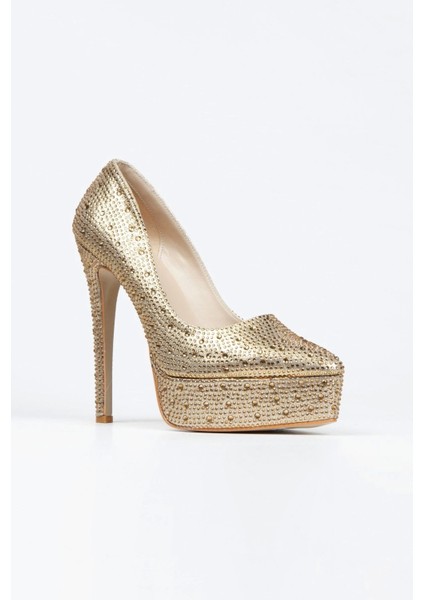 Kadın Moda Gold Sultan Taşlı Klasik Sivri Ince Topuklu Platformlu Düğün Nişan Gece Abiye Ayakkabısı fiyatları