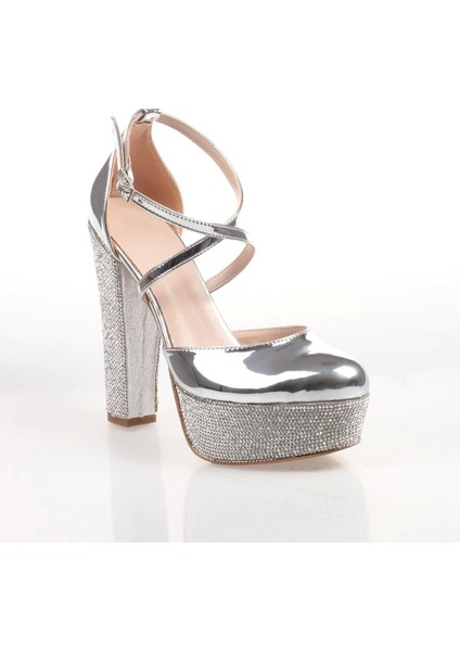 Gümüş Ayna Taşlı Kadın Abiye Ayakkabı Kadın Topuklu Şık Gece Ayakkabısı Zarif Tasarım