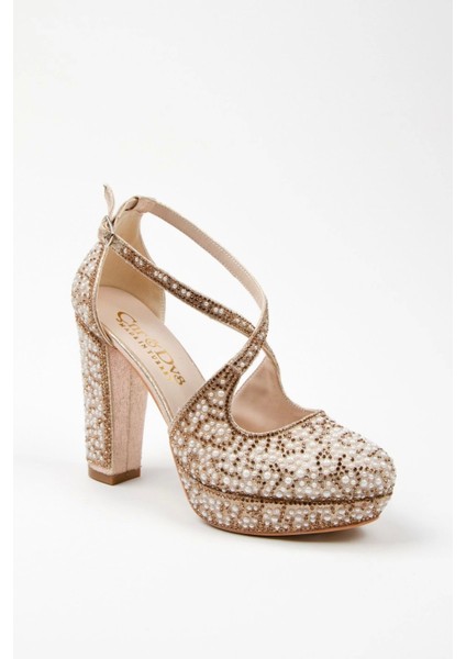 Kadın Moda Şık Gold Full Inci Taş Yüksek Topuk Düğün Nişan Gece Abiye Ayakkabısı fiyatları