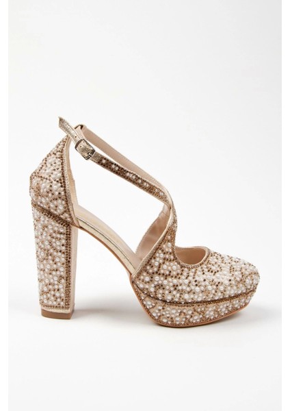 Kadın Moda Şık Gold Full Inci Taş Yüksek Topuk Düğün Nişan Gece Abiye Ayakkabısı fırsatları