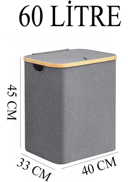 Kirli Çamaşır Sepeti 60 Litre Bambu Çerçeveli Sepet Katlanır Kumaş