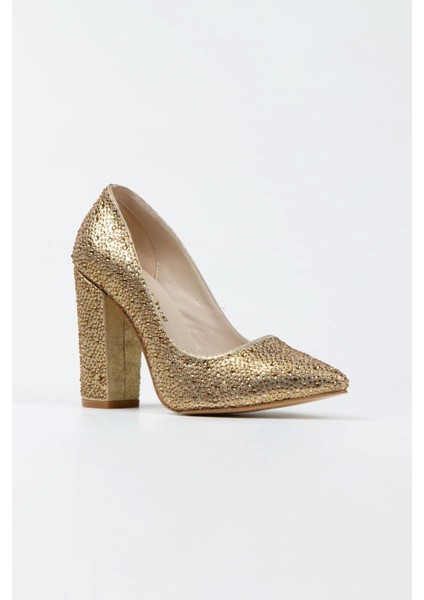Kadın Moda Şık Gold Sultan Taşlı Klasik Sivri Kalın Düğün Nişan Gece Abiye Ayakkabısı fiyatları