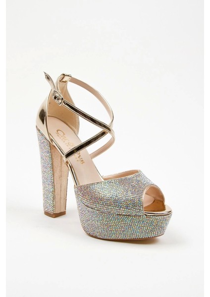 Gold Ayna Full Taş Topuklu Kadın Abiye Ayakkabı Kadın Topuklu Şık Gece Ayakkabısı Yüksek Topuk