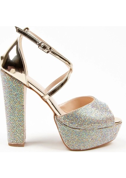 Gold Ayna Full Taş Topuklu Kadın Abiye Ayakkabı Kadın Topuklu Şık Gece Ayakkabısı Yüksek Topuk modelleri