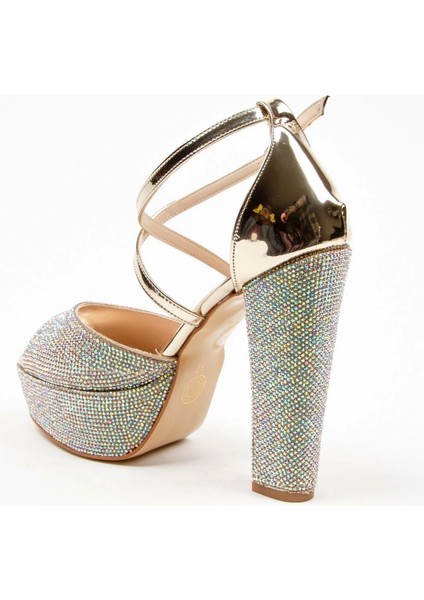 Gold Ayna Full Taş Topuklu Kadın Abiye Ayakkabı Kadın Topuklu Şık Gece Ayakkabısı Yüksek Topuk fırsatları