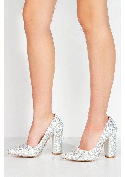 Kadın Moda Şık Gold Sultan Taşlı Klasik Sivri Kalın Düğün Nişan Gece Abiye Ayakkabısı