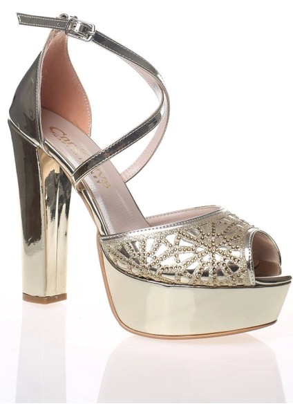 Gold Ayna Yüz Kristal Lazer Kadın Abiye Ayakkabı Kadın Topuklu Şık Gece Ayakkabısı