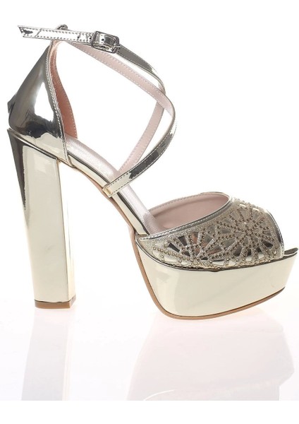 Gold Ayna Yüz Kristal Lazer Kadın Abiye Ayakkabı Kadın Topuklu Şık Gece Ayakkabısı modelleri