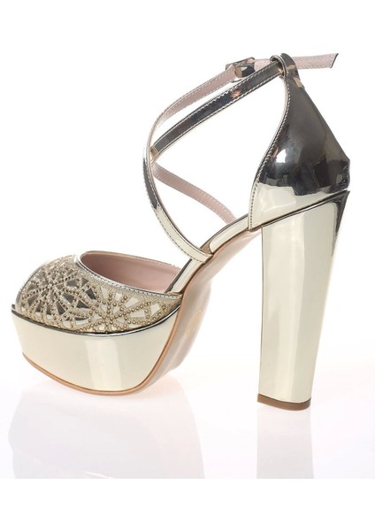 Gold Ayna Yüz Kristal Lazer Kadın Abiye Ayakkabı Kadın Topuklu Şık Gece Ayakkabısı fırsatları