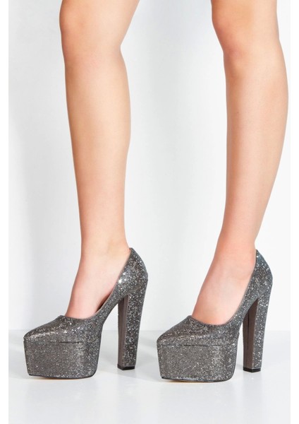 Kadın Moda Şık Full Taşlı Klasik Sivri Kalın Topuklu Platformlu Düğün Nişan Gece Abiye Ayakkabısı