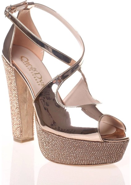 Kadın Gold Ayna Ökçe Poli Taş Abiye Ayakkabı Kadın Topuklu Şık Gece Ayakkabısı Zarif Tasarım