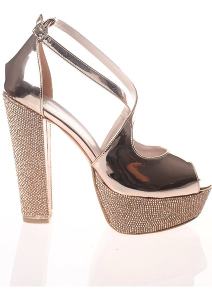 Kadın Gold Ayna Ökçe Poli Taş Abiye Ayakkabı Kadın Topuklu Şık Gece Ayakkabısı Zarif Tasarım modelleri