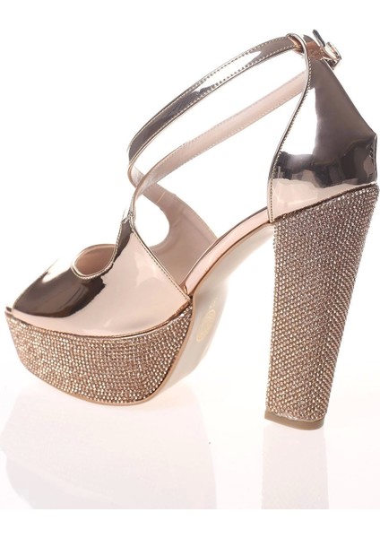 Kadın Gold Ayna Ökçe Poli Taş Abiye Ayakkabı Kadın Topuklu Şık Gece Ayakkabısı Zarif Tasarım fırsatları