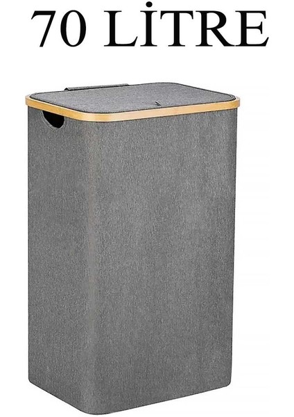 Kirli Çamaşır Sepeti 70 Litre Bambu Çerçeveli Katlanır Kumaş Sepet