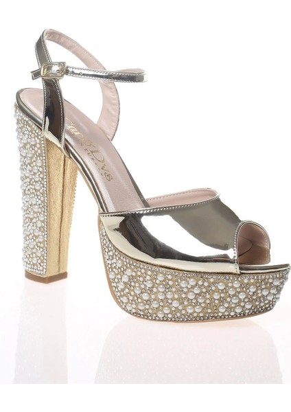 Kadın Altın Ayna Ökçe Poli İnci Abiye Ayakkabı Kadın Topuklu Şık Gece Ayakkabısı Zarif Tasarım