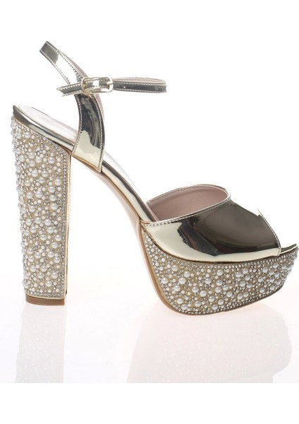 Kadın Altın Ayna Ökçe Poli İnci Abiye Ayakkabı Kadın Topuklu Şık Gece Ayakkabısı Zarif Tasarım modelleri