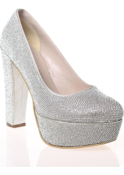 Kadın Moda Şık Gümüş Sultan Full Taş Topuklu Zarif Tasarım Düğün Nişan Gece Abiye Ayakkabısı