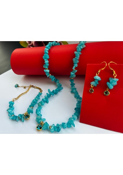 Mavi Aquamarin Doğal Taşlı Kolye ve Küpe Seti