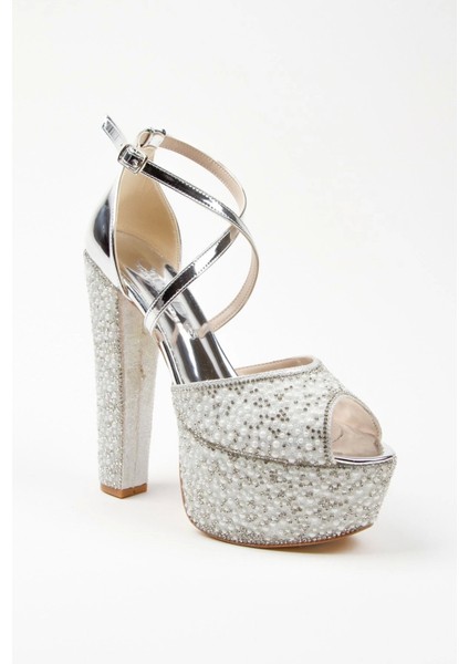 Gold Ayna Full İnci Topuklu Kadın Abiye Ayakkabı Kadın Topuklu Şık Gece Ayakkabısı