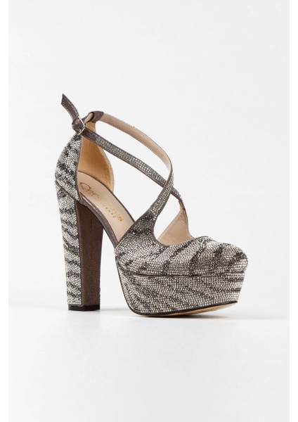 Gümüş Sultan Çift Renk Taşlı Çapraz Model Klasik Topuklu Platformlu Kadın Abiye Ayakkabı Şık