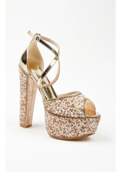 Gold Ayna Full İnci Topuklu Kadın Abiye Ayakkabı Kadın Topuklu Şık Gece Ayakkabısı