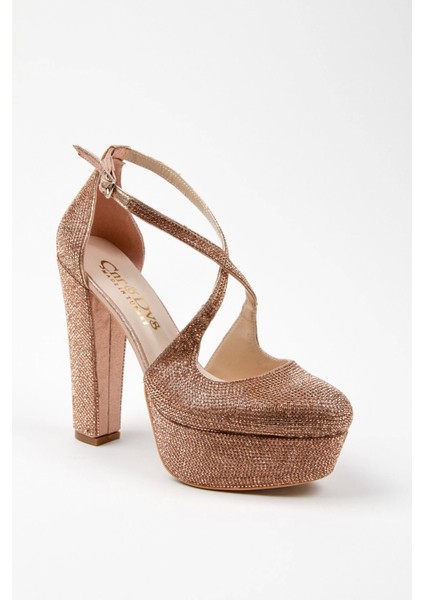 Gold Janjan Full Taş Topuklu Kadın Abiye Ayakkabı Kadın Topuklu Şık Gece Ayakkabısı