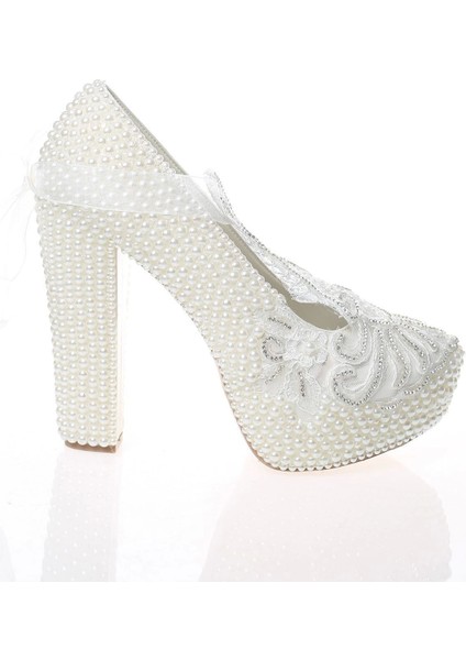 Kadın Moda Şık Sedef Inci Taş Işlemeli Gelin Ayakkabı Topuklu Düğün Nişan Gece Abiye Ayakkabısı fırsatları