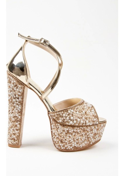 Gold Ayna Full İnci Topuklu Kadın Abiye Ayakkabı Kadın Topuklu Şık Gece Ayakkabısı modelleri