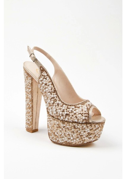 Gold Sultan Full İnci Topuklu Kadın Abiye Ayakkabı Kadın Topuklu Şık Gece Ayakkabısı