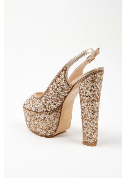 Gold Sultan Full İnci Topuklu Kadın Abiye Ayakkabı Kadın Topuklu Şık Gece Ayakkabısı fırsatları