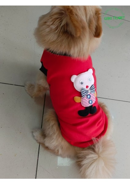 Pembe Ayıcık Aksesuarlı Kırmızı Kedi Köpek Kıyafeti Elbisesi