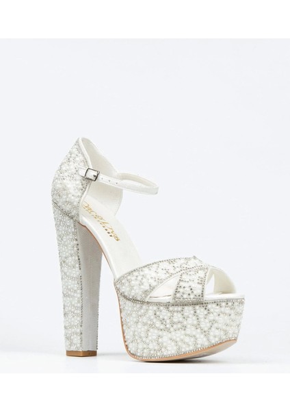 Gold Sultan Full İnci Taşlı Çapraz Model Klasik Topuklu Platformlu Kadın Abiye Ayakkabı Şık