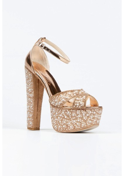Rose Ayna Full İnci Taşlı Çapraz Model Klasik Topuklu Platformlu Kadın Abiye Ayakkabı Kadın Topuklu