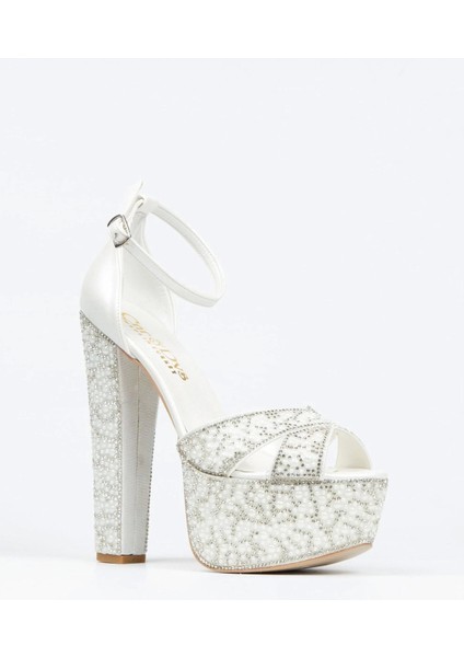 Rose Ayna Full İnci Taşlı Çapraz Model Klasik Topuklu Platformlu Kadın Abiye Ayakkabı Kadın Topuklu