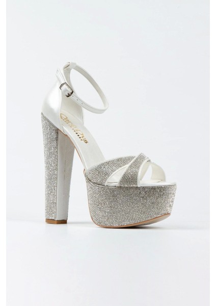 Gold Ayna Janjan Taşlı Çapraz Model Klasik Topuklu Platformlu Kadın Abiye Ayakkabı Kadın Topuklu Şık