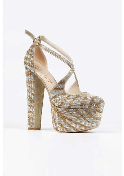 Gold Sultan Çift Renk Taşlı Klasik Topuklu Platformlu Kadın Abiye Ayakkabı Kadın Topuklu Şık