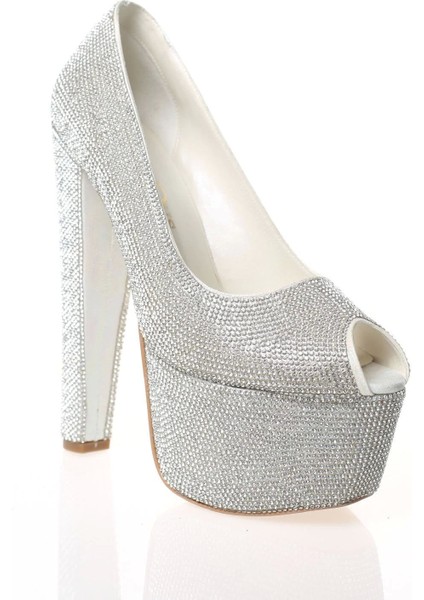 Kadın Gümüş Full Taş Yüksek Topuk Abiye Ayakkabı Kadın Topuklu Şık Gece Ayakkabısı