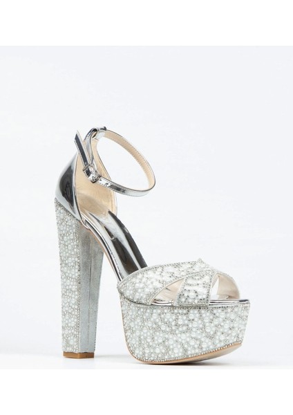 Rose Ayna Full İnci Taşlı Çapraz Model Klasik Topuklu Platformlu Kadın Abiye Ayakkabı Kadın Topuklu