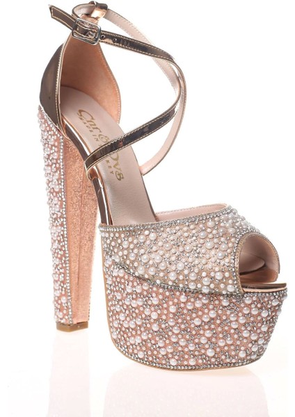 Kadın Gold Ayna Full İnci Taş Kadın Abiye Ayakkabı Kadın Topuklu Şık Gece Ayakkabısı