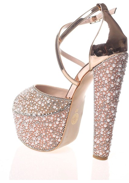 Kadın Gold Ayna Full İnci Taş Kadın Abiye Ayakkabı Kadın Topuklu Şık Gece Ayakkabısı fırsatları