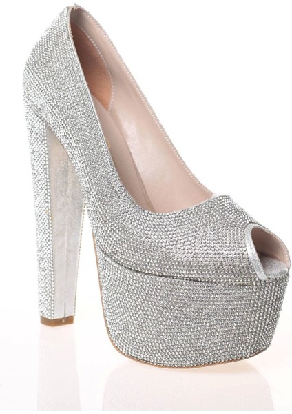 Kadın Gümüş Full Taş Yüksek Topuk Abiye Ayakkabı Kadın Topuklu Şık Gece Ayakkabısı