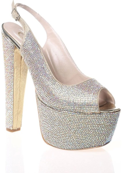 Kadın Gold Full Taş Yüksek Topuk Abiye Ayakkabı Kadın Topuklu Şık Gece Ayakkabısı