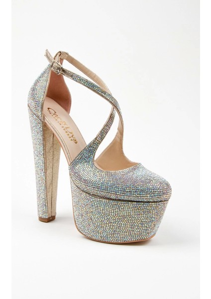 Gold Janjan Full Taş Topuklu Kadın Abiye Ayakkabı Kadın Topuklu Şık Gece Ayakkabısı