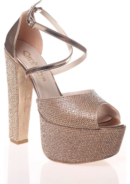 Kadın Gold Kristal Full Taş Kadın Abiye Ayakkabı Kadın Topuklu Şık Gece Ayakkabısı