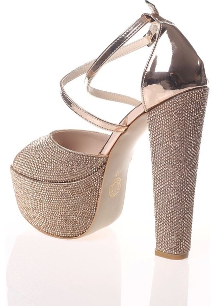 Kadın Gold Kristal Full Taş Kadın Abiye Ayakkabı Kadın Topuklu Şık Gece Ayakkabısı fırsatları