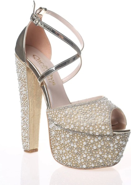 Kadın Gold Ayna Full İnci Taş Kadın Abiye Ayakkabı Kadın Topuklu Şık Gece Ayakkabısı