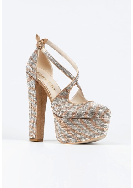 Gold Sultan Çift Renk Taşlı Klasik Topuklu Platformlu Kadın Abiye Ayakkabı Kadın Topuklu Şık